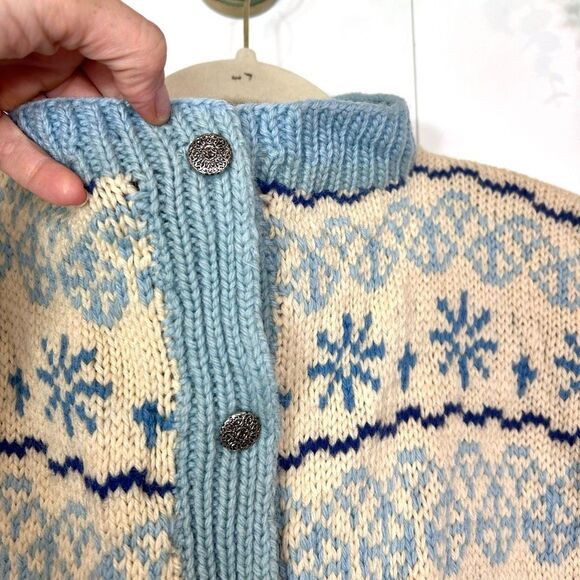 Handmade Wool Cardigan Sweater Womens Cream Blue Fair Isle Knit Scotland Nordic - Picture 3 of 16